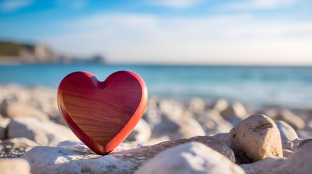 Close up of a ruby wooden heart in front of a beautiful seascape. Blurred natural backgroundの素材
