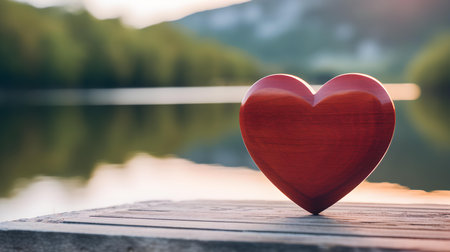 Close up of a red wooden heart in front of a beautiful lake. Blurred natural backgroundの素材