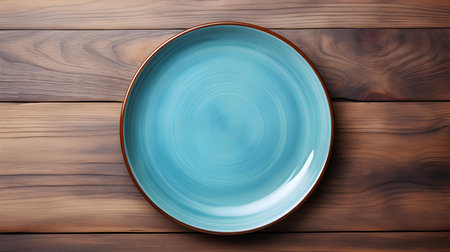 Top view of an empty plate in sky blue colors on a wooden table. Elegant template with copy spaceの素材