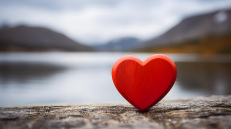 Close up of a red wooden heart in front of a beautiful lake. Blurred natural backgroundの素材