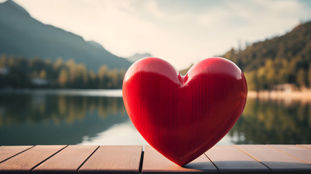 Close up of a red wooden heart in front of a beautiful lake. Blurred natural backgroundの素材