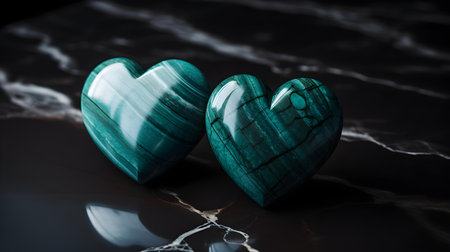 Close up of two turquoise hearts on a black marble background. Romantic backdrop with copy spaceの素材