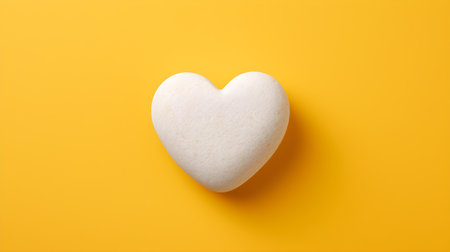 Top view of a white stone heart on a yellow background. Romantic template with copy spaceの素材