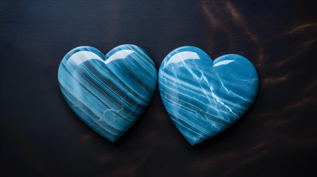 Close up of two sky blue hearts on a black marble background. Romantic backdrop with copy spaceの素材