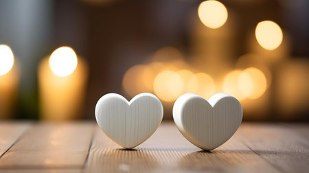 Close up of two white hearts on a wooden table. Blurred Backgroundの素材