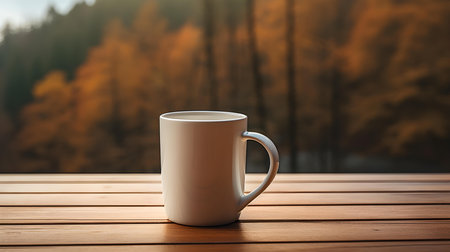 Close up of a beige mug on a wooden table in a forest. Blurred natural backgroundの素材