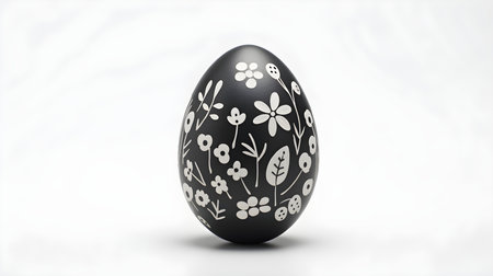 Hand Painted Easter Egg in anthracite colors on a white background. Elegant Easter template with copy spaceの素材