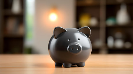 Anthracite Piggy Bank on a wooden table. Blurred Interior Backgroundの素材