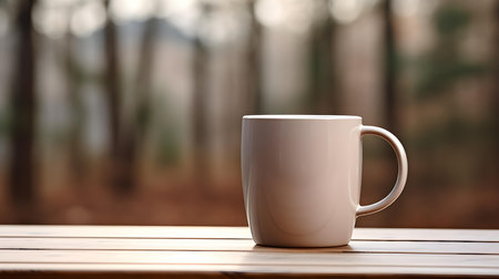 Close up of a beige mug on a wooden table in a forest. Blurred natural backgroundの素材