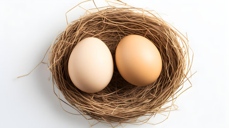 Top view of beige eggs in a nest on a white background. Easter template with copy spaceの素材