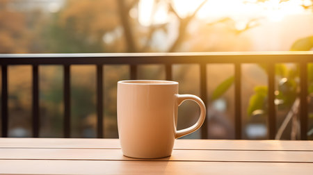 Balcony view of a beige mug on a wooden table. Close up with a blurred backgroundの素材