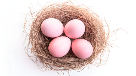 Top view of blush eggs in a nest on a white background. Easter template with copy spaceの素材
