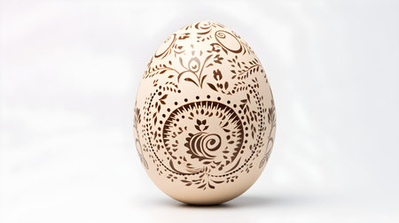 Hand Painted Easter Egg in beige colors on a white background. Elegant Easter template with copy spaceの素材