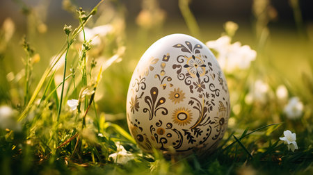 Close up of a beige Easter Egg in the grass. Blurred natural backgroundの素材