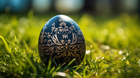 Close up of a black Easter egg in the grass. Blurred natural backgroundの素材