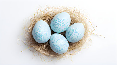 Blue Easter Eggs in a Nest on a white Background with Copy Space. Top viewの素材