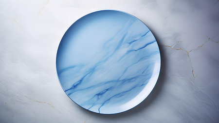 Top view of an empty plate in blue colors on a white marble background. Elegant template with copy spaceの素材