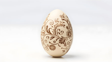 Hand Painted Easter Egg in beige colors on a white background. Elegant Easter template with copy spaceの素材