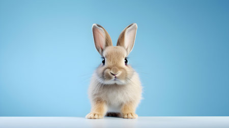Fluffy Bunny in front of a blue wallpaper. Blank background with copy spaceの素材