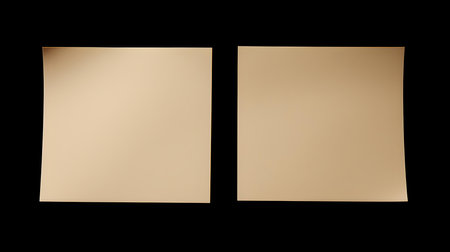 Two beige square paper notes on a black background. Brainstorming template with copy spaceの素材