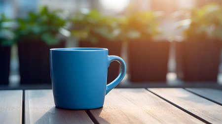 Balcony view of a blue mug on a wooden table. Close up with a blurred backgroundの素材