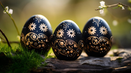Close up of black Easter eggs in the nature. Blurred Forest Backgroundの素材