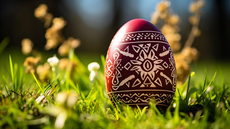 Close up of a burgundy Easter Egg in the grass. Blurred natural backgroundの素材