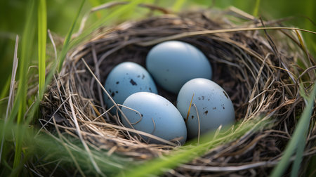 Close up of blue eggs in a nest among spring grass. Selective focusの素材