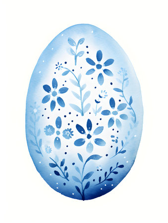 Drawing of an Easter Egg in blue watercolors. White background with copy spaceの素材