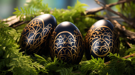 Close up of black Easter eggs in the nature. Blurred Forest Backgroundの素材