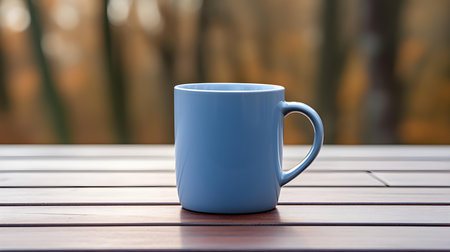 Close up of a blue mug on a wooden table in a forest. Blurred natural backgroundの素材