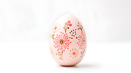 Hand Painted Easter Egg in blush colors on a white background. Elegant Easter template with copy spaceの素材