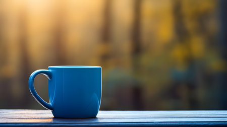 Close up of a blue mug on a wooden table in a forest. Blurred natural backgroundの素材