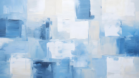 Abstract Oil Painting with overlapping Squares in white and blue Colors. Artistic Background with visible Brush Strokesの素材