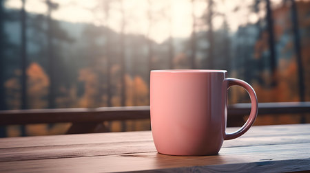 Close up of a blush mug on a wooden table in a forest. Blurred natural backgroundの素材
