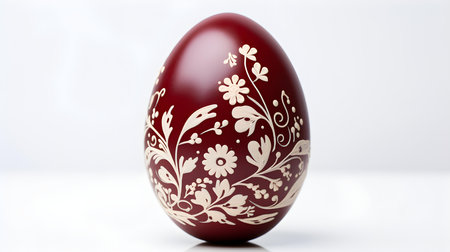 Hand Painted Easter Egg in burgundy colors on a white background. Elegant Easter template with copy spaceの素材