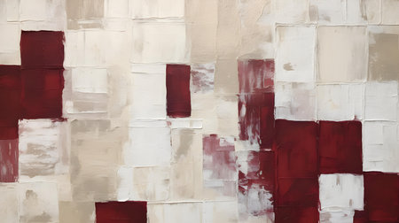 Abstract Oil Painting with overlapping Squares in white and burgundy Colors. Artistic Background with visible Brush Strokesの素材