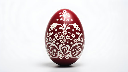 Hand Painted Easter Egg in burgundy colors on a white background. Elegant Easter template with copy spaceの素材