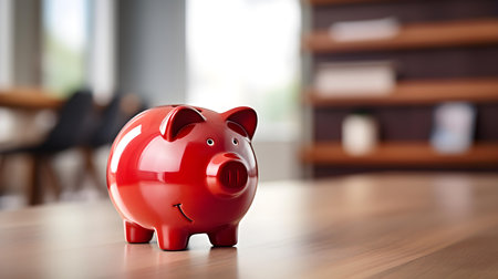 Burgundy Piggy Bank on a wooden table. Blurred Interior Backgroundの素材