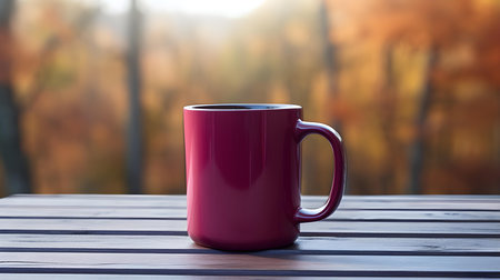 Close up of a burgundy mug on a wooden table in a forest. Blurred natural backgroundの素材