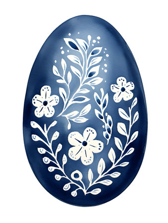 Drawing of an Easter Egg in blue watercolors. White background with copy spaceの素材