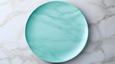 Top view of an empty plate in cyan colors on a white marble background. Elegant template with copy spaceの素材