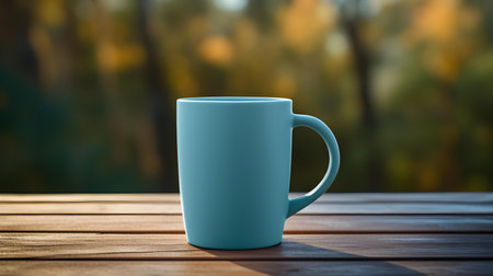Close up of a cyan mug on a wooden table in a forest. Blurred natural backgroundの素材