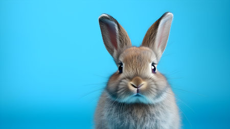 Fluffy Bunny in front of a cyan wallpaper. Blank background with copy spaceの素材