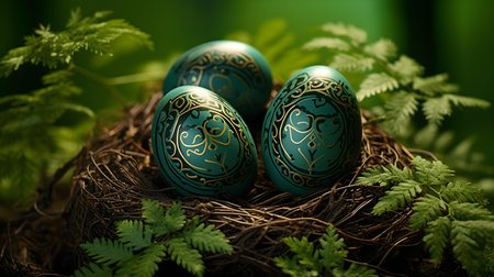 Close up of dark green Easter eggs in the nature. Blurred Forest Backgroundの素材