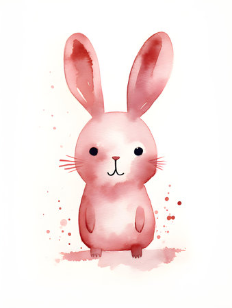 Watercolor drawing of a burgundy bunny on a white background. Easter Card Template with Copy Spaceの素材