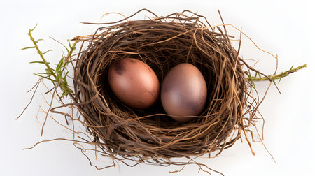 Top view of dark brown eggs in a nest on a white background. Easter template with copy spaceの素材