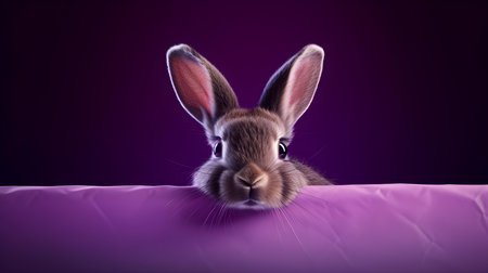 Fluffy Bunny in front of a dark purple wallpaper. Blank background with copy spaceの素材