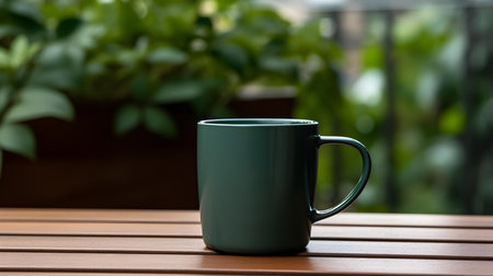 Balcony view of a dark green mug on a wooden table. Close up with a blurred backgroundの素材