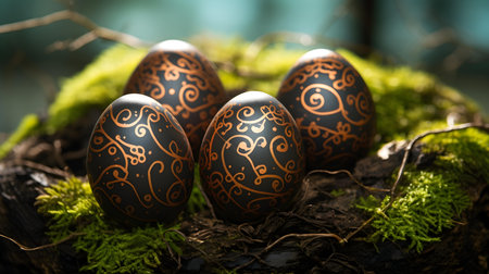 Close up of dark brown Easter eggs in the nature. Blurred Forest Backgroundの素材